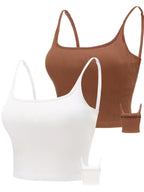 Chilylori Cropped Tank Top Longline Bra Seamless Sports Bra Tank Top 2 Pack Brami Tops for Women Ribbed Crop Top Spaghetti Strap Sports Bra Set Workout Tops for Women Sport Bra Bronze+White L