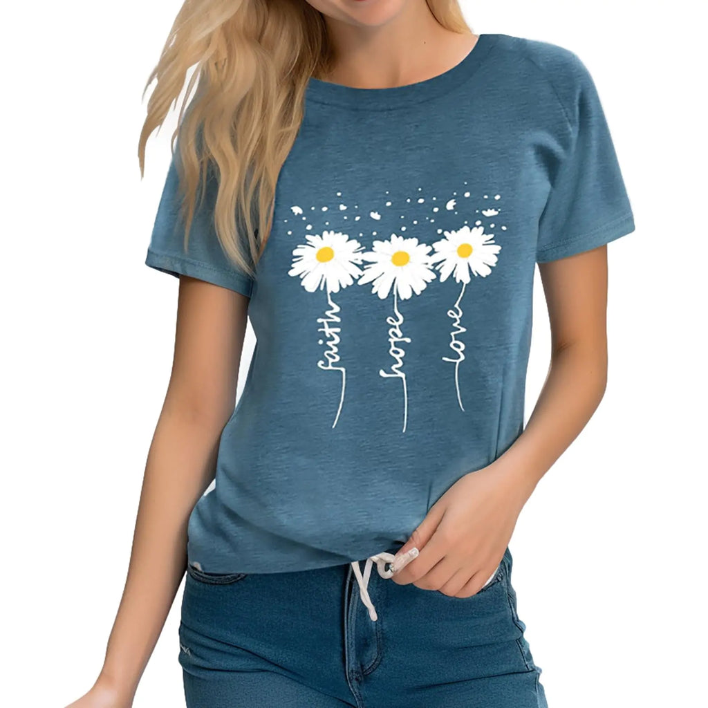 Blue Faith Hope Love Floral Tee - Women's Christian Shirt