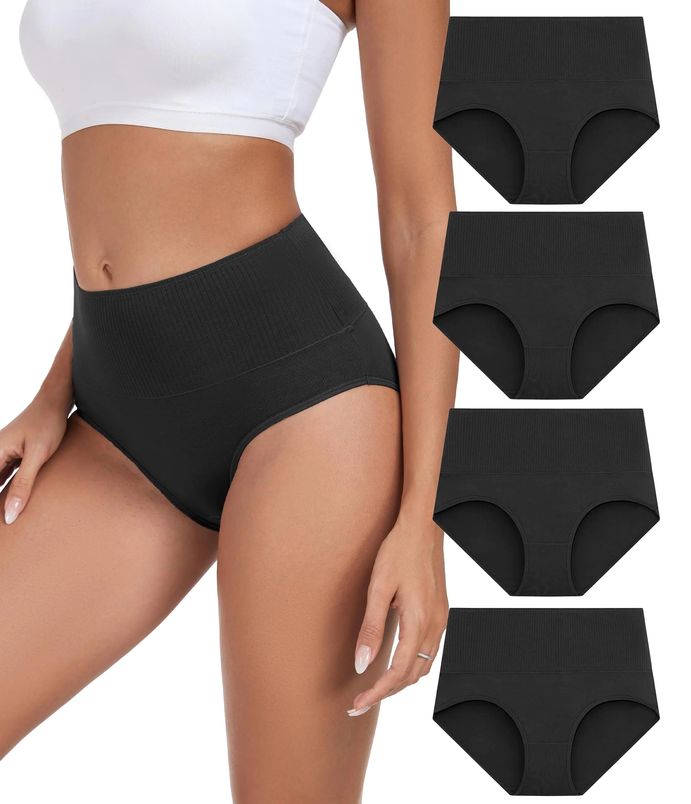 ANLIQI Women Underwear Cotton High Waist Tummy Control Panties Full Coverage Briefs Soft Stretch Ladies Breathable Underpants 4 Pack (4*Black2XL)