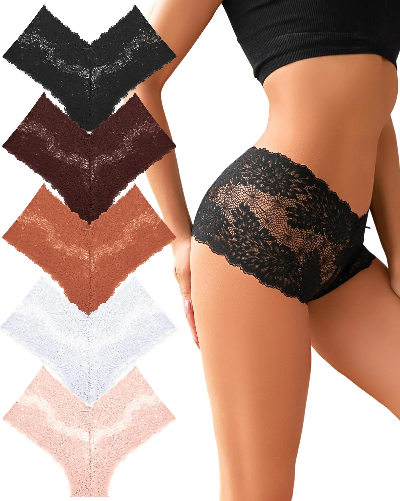 ALL OF ME Women Underwear Sexy Lace Boy Shorts V-Waist Lightweight Seamless Soft Cheeky Panties 5 Pack