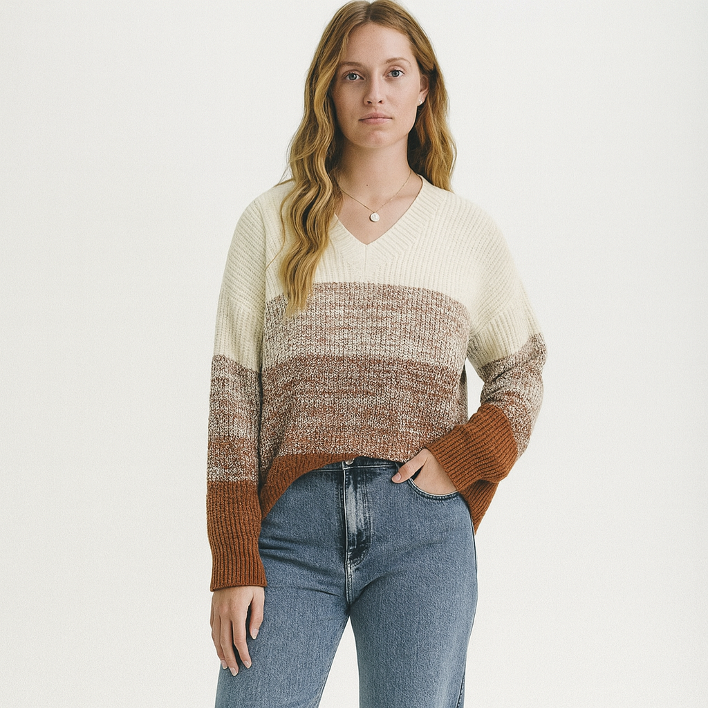 CUPSHE Women Sweater Striped V-Neck Tops Long Drop Sleeve Pullover M Brown