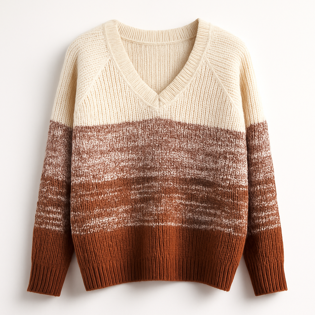 CUPSHE Women Sweater Striped V-Neck Tops Long Drop Sleeve Pullover M Brown