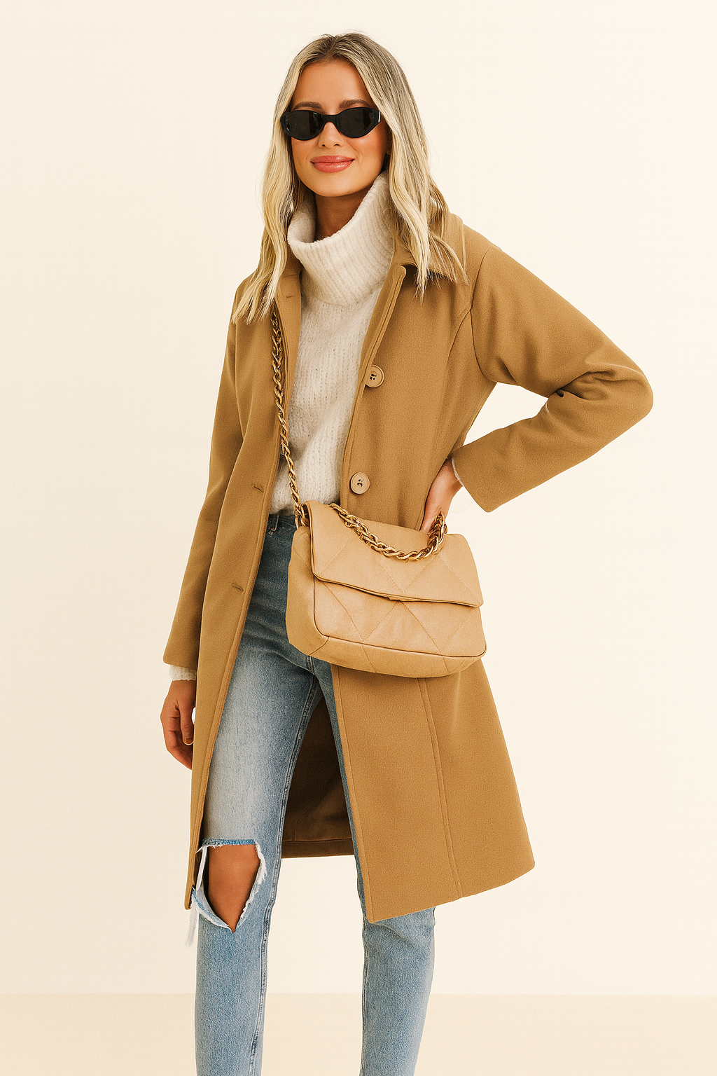 Freyhem Pea Coat for Women Camel Wool Blend Winter Dress Coats Long Single Breasted Trench Overcoat(Caramel-M)