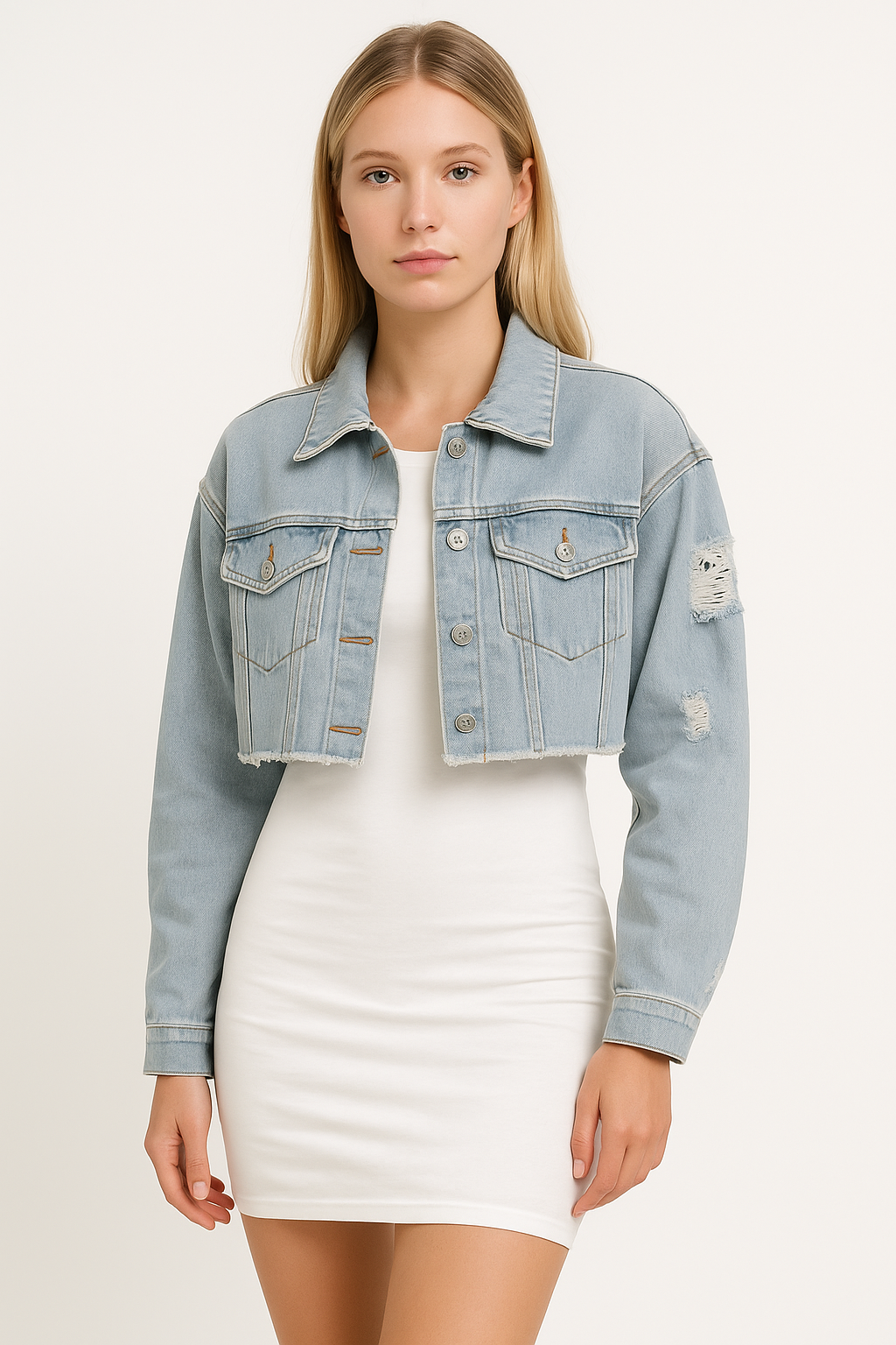andy & natalie cropped jean jacket for women ripped jean jacket fashion jacket frayed denim jacket Light Blue Large