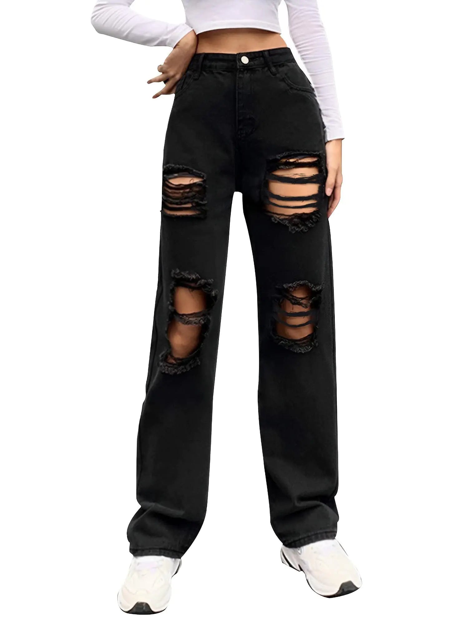Genleck Women Loose Ripped Boyfriends Jeans High Waist Baggy Denim Pants Distressed Wide Leg Y2K Mom Jeans Black 90s