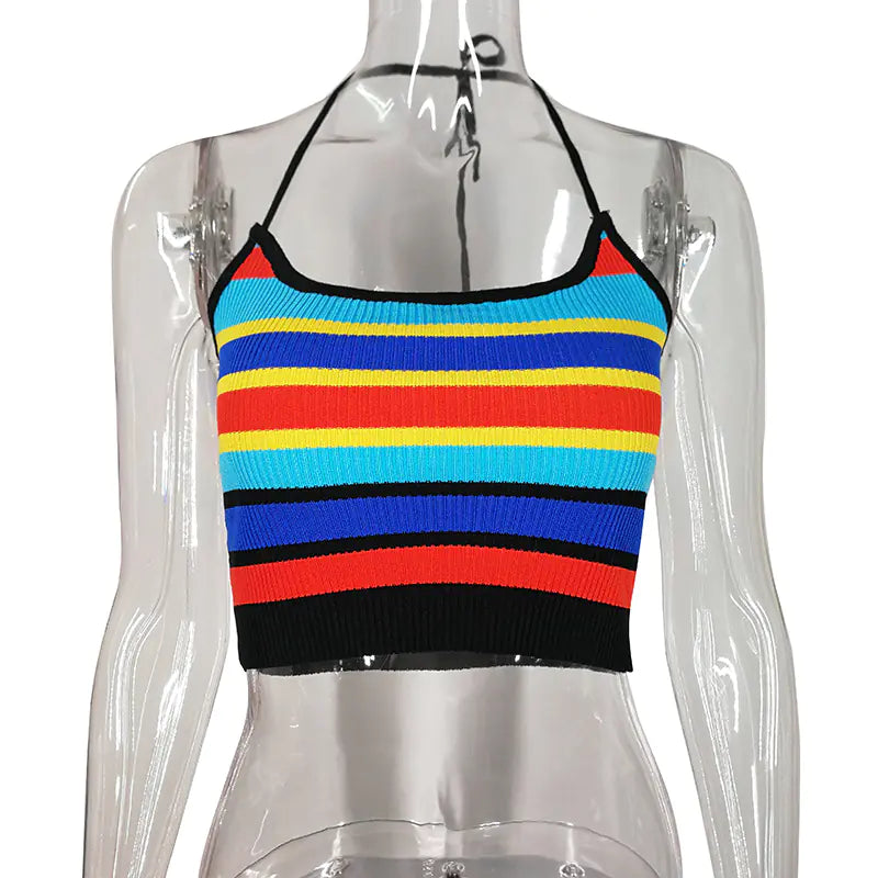 Rainbow Striped Sleeveless Crop Top for Women